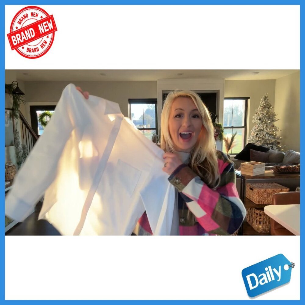 Oversized Button Down Shirt Wrinkle Free Long Sleeve Blouse with Pockets - Picture 7 of 7